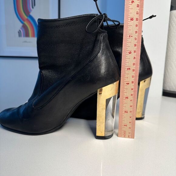 Stuart Weitzman Black Leather Ankle Booties with Lucite & Gold Block Heel Size 9 - Picture 14 of 14